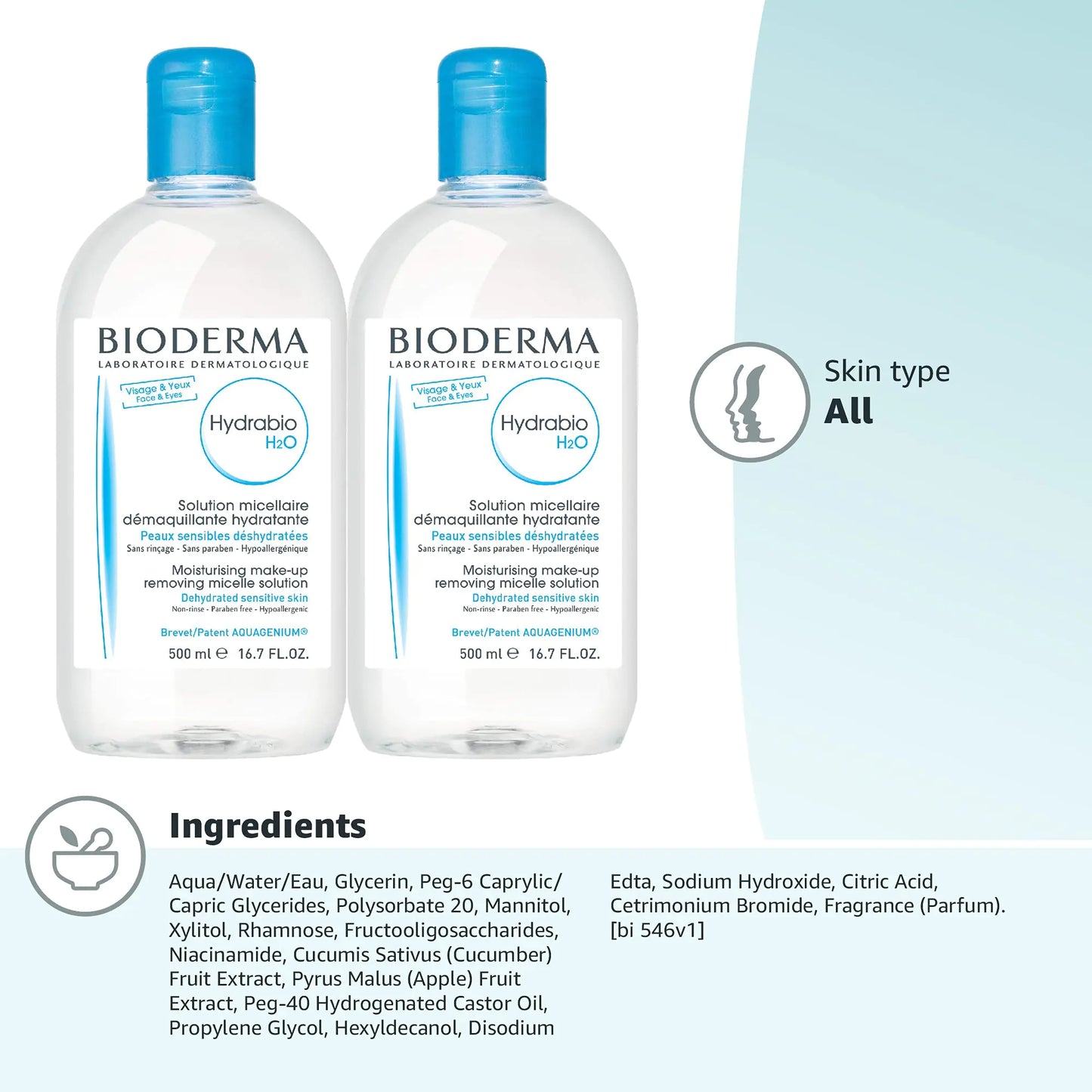 Bioderma - Hydrabio H2O Micellar Water - Face Cleanser and Makeup Remover - Skincare for Sensitive Skin