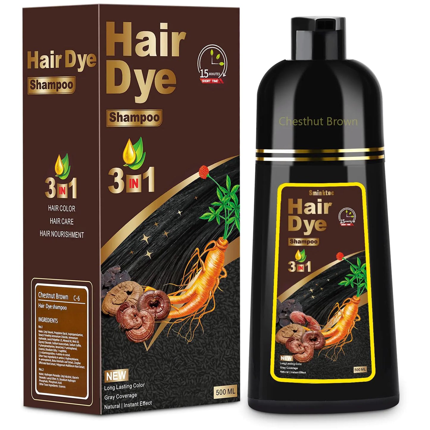 Chestnut Brown Hair Dye Shampoo for Women & Men, Herbal Color Shampoo